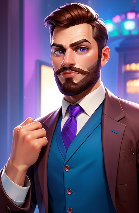 15188-762222474-Concept art, character illustration, European and American cartoons, 1boy, male focus, necktie, solo, facial hair, formal, purpl.png